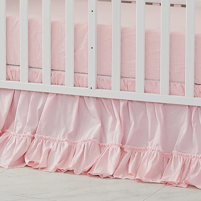 Brandream Crib Bed Skirt for Baby Girls Boys Blush Pink Boho Bohemian Solid Cotton Toddler Bedskirt Farmhouse Chic Ruffle - Image 1