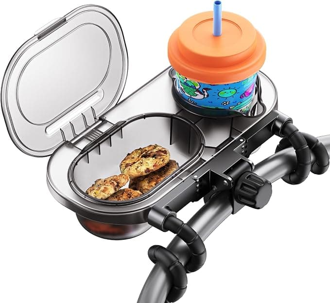 Universal Stroller Snack Tray: Cup Holder Tray with Silicone Flexible Arms Grip Stroller Tray with Dust Cover - Stroller Tray Attachment with Cups Holder for Baby & Toddler Stroller Accessories - Image 1
