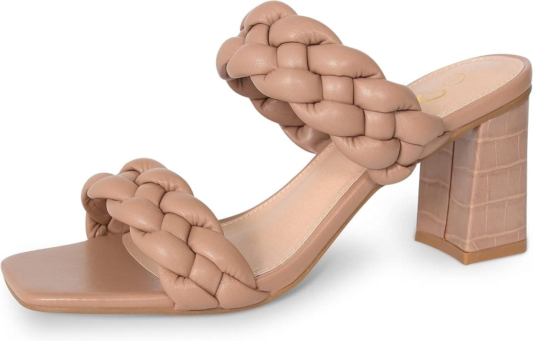 Athlefit Women's Braided Heeled Sandals Summer Square Open Toe Chunky Block Heels - Image 1