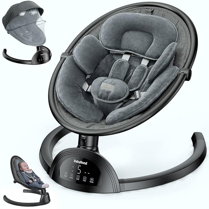 BabyBond Baby Swings for Infants, Bluetooth Infant Swing with Music Speaker, 3 Seat Positions, 5 Point Harness Belt, 5 Speeds and Remote Control - Portable Baby Swing for Indoor and Outdoor (Black - Image 1