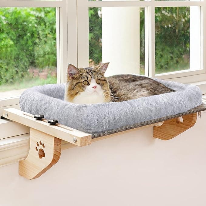 AMOSIJOY Cat Sill Window Perch Sturdy Hammock Window Seat with Cushion Cover, Wood & Metal Frame for Large Cats, Easy to Adjust Cat Bed for Windowsill, Bedside, Drawer and Cabinet (L - Image 1