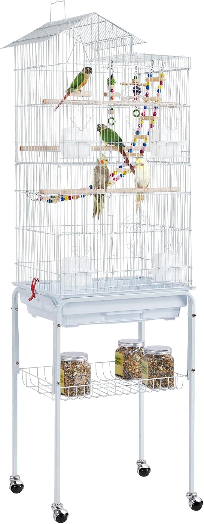 Yaheetech 62.5-inch Roof Top Flight Bird Cage for Parakeets Cockatiels Conures Finches Lovebirds Canaries Budgies Small Parrots, Large Birdcage with Detachable Rolling Stand, White - Image 1