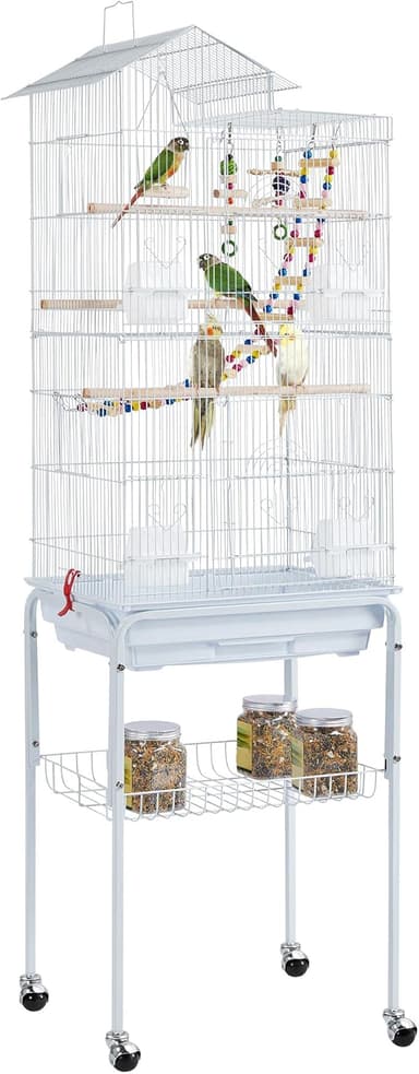Yaheetech 62.5-inch Roof Top Flight Bird Cage for Parakeets Cockatiels Conures Finches Lovebirds Canaries Budgies Small Parrots, Large Birdcage with Detachable Rolling Stand, White - Image 1