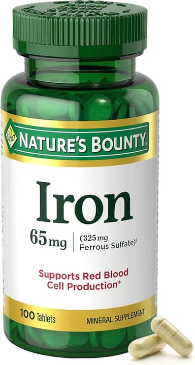 Nature’s Bounty Iron 65mg, 325 mg Ferrous Sulfate, Cellular Energy Support, Promotes Normal Red Blood Cell Production, 1 Serving Per Day, Gluten Free, 100 Vegetarian Tablets - Image 2