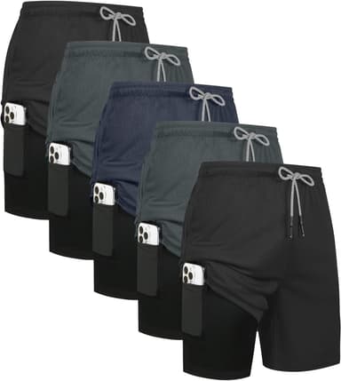 HOPLYNN 5 Pack Mens 2 in 1 Running Shorts with Liner, Quick Dry Workout Training Gym Athletic Sport Shorts with Pockets - Image 2