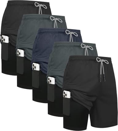 HOPLYNN 5 Pack Mens 2 in 1 Running Shorts with Liner, Quick Dry Workout Training Gym Athletic Sport Shorts with Pockets - Image 1