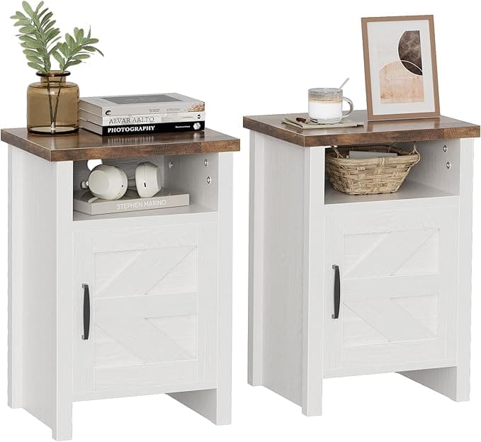 YESHOMY Farmhouse Modern Nightstand with Shelf and Barn Door, Set of 2 for Bedroom, White - Image 1