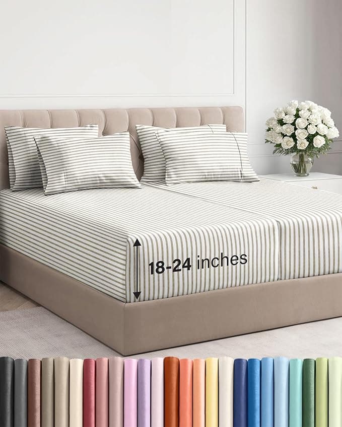 Extra Deep Split King Sheet Set - 7 Piece Breathable & Cooling Sheets - Hotel Luxury Bed Sheets Set - Easy Fit - Soft, Wrinkle Free & Comfy Sheets Set - Beige Striped Sheet Set w/Extra Deep Pockets - Image 1