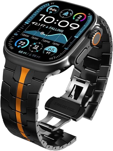 Wingle Stainless Steel Bands for Apple Watch Band Ultra 3/2/1 Band Ultra 49mm Series 11 10 46mm 45mm 44mm 42mm SE 3/2/1 Series 9 8 7 6 5 4 3 Men, Classy Business Rugged Metal iWatch Bands,Black/Orange - Image 1