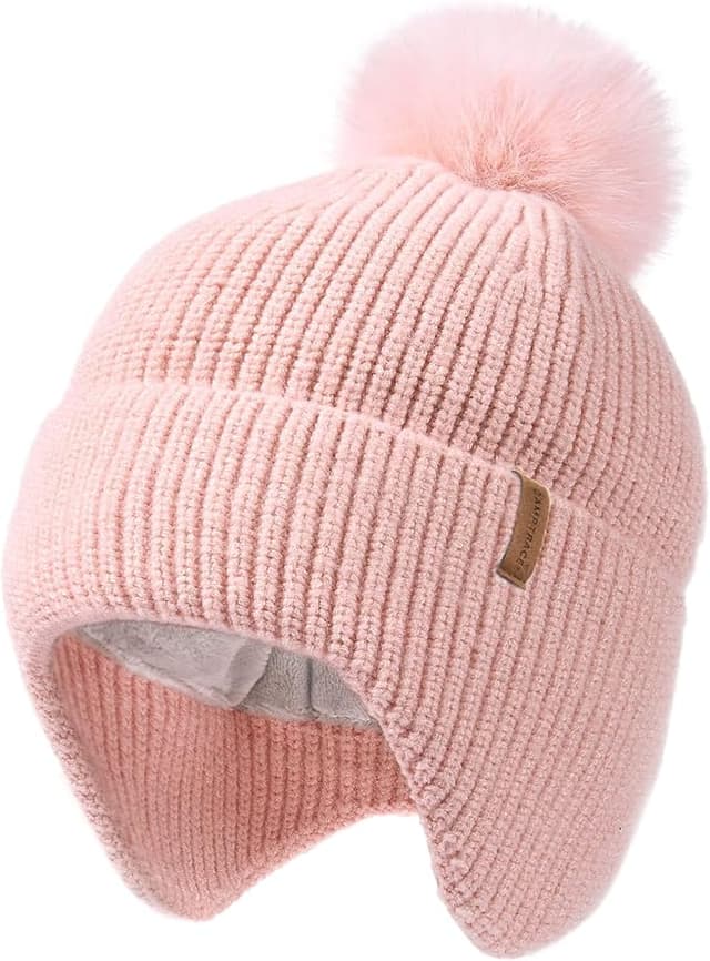 Camptrace Toddler Baby Winter Hat Warm Fleece Lined Knit Kids Hat with Earflap Infant Newborn Pom Beanie Knit Cap Girls Boys