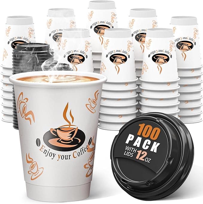Qunclay 100 Pack 12 oz Double Wall Disposable Paper Coffee Cups with Lids, Insulated To Go Coffee Cup, Hot Drinking Cups for Daily use - Image 1