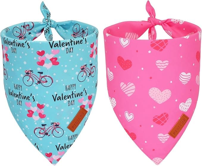 PTDECOR Valentine Dog Bandana,Bule and Pink Love Heart Design Reversible Dog Scarf, Triangle Valentine Bandanas for Small Pets (Small - Image 1