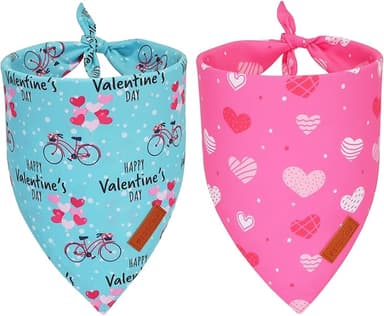 PTDECOR Valentine Dog Bandana,Bule and Pink Love Heart Design Reversible Dog Scarf, Triangle Valentine Bandanas for Small Pets (Small - Image 1
