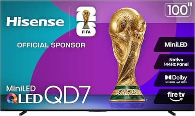 Hisense 100" Class QD7 Series Mini-LED 4K UHD Smart Fire TV (100QD7QF, 2025 Model) - QLED, 144hz, HDR10+, Dolby Vision, Dolby Atmos, Game Mode Pro, ALLM, Alexa Built in with Voice Remote, Black - Image 1