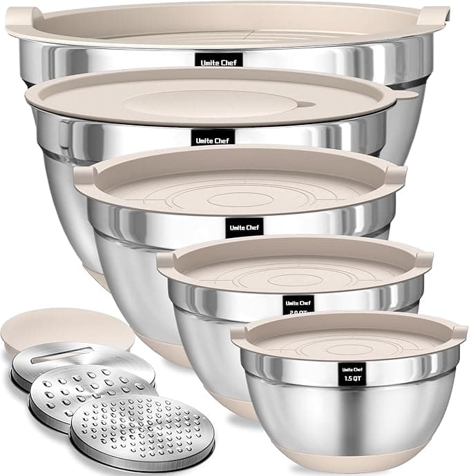 Umite Chef Mixing Bowls with Airtight Lids Set, 8PCS Stainless Steel Khaki Nesting Bowls with Grater Attachments, Kitchen Bowls with Non-Slip Bottoms, Size 5, 4, 3.5, 2, 1.5QT for Mixing & Serving - Image 1