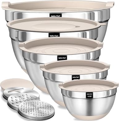 Umite Chef Mixing Bowls with Airtight Lids Set, 8PCS Stainless Steel Khaki Nesting Bowls with Grater Attachments, Kitchen Bowls with Non-Slip Bottoms, Size 5, 4, 3.5, 2, 1.5QT for Mixing & Serving - Image 1