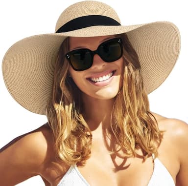FURTALK Womens Beach Sun Straw Hat UV UPF 80+ Travel Foldable Brim Summer UV Hat - Image 1