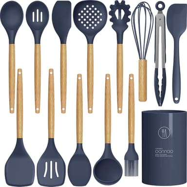 Silicone Cooking Utensils Set - 446°F Heat Resistant Silicone Kitchen Utensils for Cooking,Kitchen Utensil Spatula Set w Wooden Handles and Holder, BPA FREE Gadgets for Non-Stick Cookware (Navy Blue - Image 2