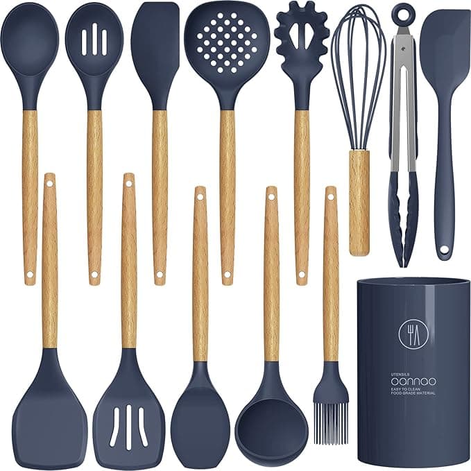 Silicone Cooking Utensils Set - 446°F Heat Resistant Silicone Kitchen Utensils for Cooking,Kitchen Utensil Spatula Set w Wooden Handles and Holder, BPA FREE Gadgets for Non-Stick Cookware (Navy Blue - Image 1