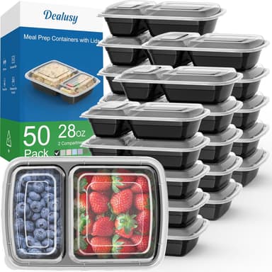 50 Pack (100-Piece) 28 oz Meal Prep Containers Reusable with Lids 2-Compartment, Sturdy Leakproof Food Safe, Microwave Freezer Dishwasher Safe, To Go Take Out Plastic Food Storage, Black - Image 2