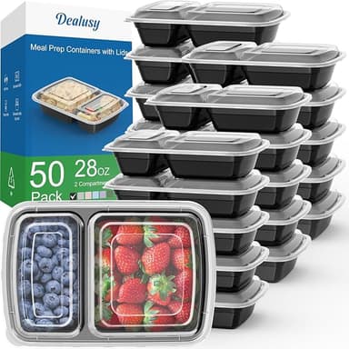 50 Pack (100-Piece) 28 oz Meal Prep Containers Reusable with Lids 2-Compartment, Sturdy Leakproof Food Safe, Microwave Freezer Dishwasher Safe, To Go Take Out Plastic Food Storage, Black - Image 1