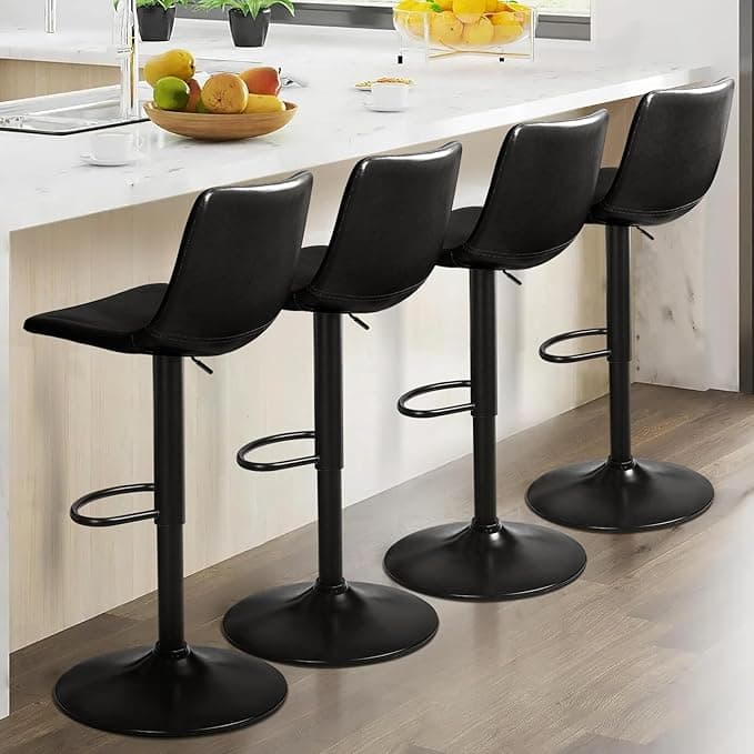Lemebri Bar Stools Set of 4, Modern Adjustable Swivel Barstools Counter Height with Backrest, Faux Leather Upholstered Bar Chair for Kitchen Island, Whisky, Black - Image 1