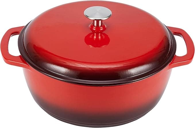 Amazon Basics Cast Iron Dutch Oven Pot with Lid, Enameled, Round, Dual Handles, Heavy-Duty, Medium, 6-Quart, Red - Image 1