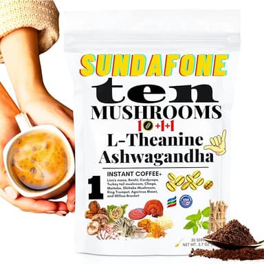 SUNDAFONE Mushroom Coffee with L-Theanine, Ashwagandha,Lion's Mane, Reishi and 10 Adaptogenic Mushrooms; Super Instant Cold Brew Protein Iced Coffee Blend; 0g of Sugar, Low Caffeine, 30 Servings - Image 1