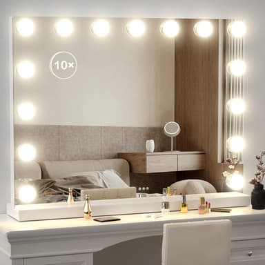 22.8 x 18.2 Vanity Makeup Mirror with Lights, 10X Magnification,Large Hollywood Lighted Vanity Mirror with 15 Dimmable LED Bulbs, USB Charger Port, Tabletop or Wall-Mounted White - Image 2