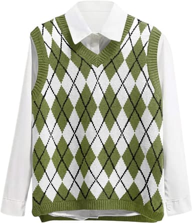 Lailezou Women's V Neck Knit Sweater Vest Argyle Plaid Preppy Style Sleeveless Crop Knitwear Tank - Image 2