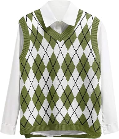 Lailezou Women's V Neck Knit Sweater Vest Argyle Plaid Preppy Style Sleeveless Crop Knitwear Tank - Image 1