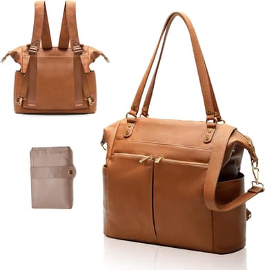 MOMINSIDE Diaper Bag Tote, 4 in 1 Leather Diaper Bag Backpack with 13 Pockets, Convertible Baby Bag for Boys Girls,Diaper Bags Baby Registry, Changing Pad, 4 Large Insulated Pockets(Brown - Image 2