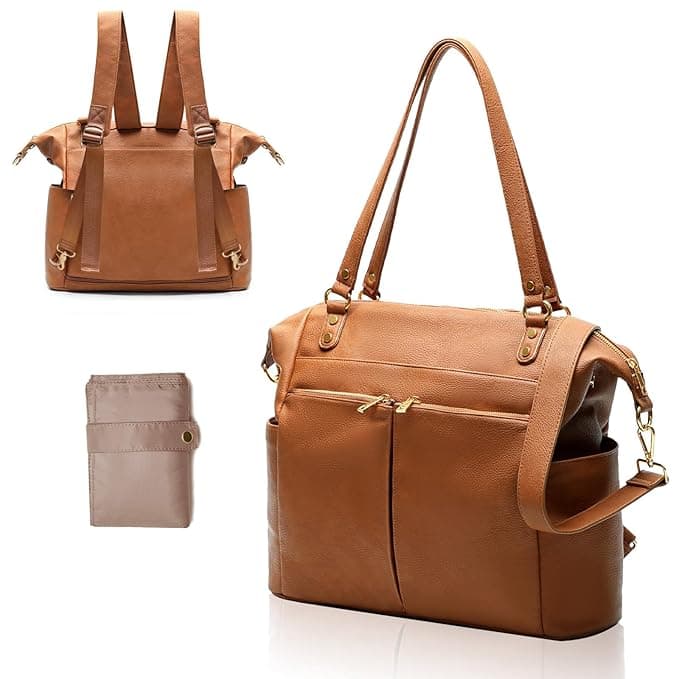 MOMINSIDE Diaper Bag Tote, 4 in 1 Leather Diaper Bag Backpack with 13 Pockets, Convertible Baby Bag for Boys Girls,Diaper Bags Baby Registry, Changing Pad, 4 Large Insulated Pockets(Brown - Image 1