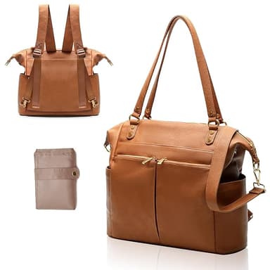 MOMINSIDE Diaper Bag Tote, 4 in 1 Leather Diaper Bag Backpack with 13 Pockets, Convertible Baby Bag for Boys Girls,Diaper Bags Baby Registry, Changing Pad, 4 Large Insulated Pockets(Brown - Image 1