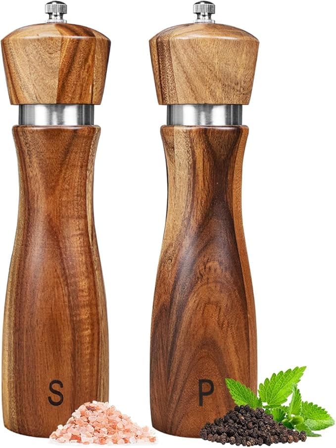 2 Pack Acacia Wood Salt and Pepper Grinder Set, Wooden Salt and Pepper Mill Set Salt and Pepper Shaker Tableware Birthday Gifts Ceramic Core-8 Inch - Image 1
