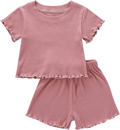 Kupretty Toddler Baby Girl Summer Clothes Ruffle Ribbed Knit Short Sleeves T-Shirt Tee Tops + Shorts Cute Outfits Set - Image 2