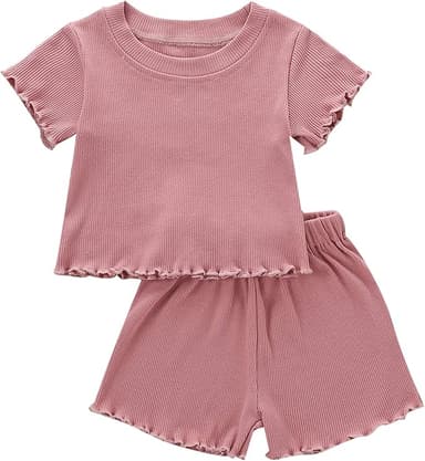 Kupretty Toddler Baby Girl Summer Clothes Ruffle Ribbed Knit Short Sleeves T-Shirt Tee Tops + Shorts Cute Outfits Set - Image 1