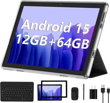 Android 15 Tablet 2025 New 10 Inch Tablets with 12GB RAM + 64GB ROM +1TB Expanded Ouad-Core,2 in 1 Tableta with Keyboard Mouse WiFi 6 Bluetooth,GMS Certified IPS Touch Screen Tablet - Silvery Set - Image 2