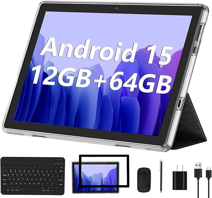 Android 15 Tablet 2025 New 10 Inch Tablets with 12GB RAM + 64GB ROM +1TB Expanded Ouad-Core,2 in 1 Tableta with Keyboard Mouse WiFi 6 Bluetooth,GMS Certified IPS Touch Screen Tablet - Silvery Set - Image 1