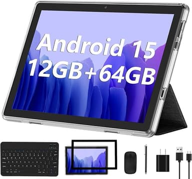 Android 15 Tablet 2025 New 10 Inch Tablets with 12GB RAM + 64GB ROM +1TB Expanded Ouad-Core,2 in 1 Tableta with Keyboard Mouse WiFi 6 Bluetooth,GMS Certified IPS Touch Screen Tablet - Silvery Set - Image 1
