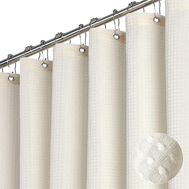 Dynamene Extra Wide Shower Curtain - 180 Inch Wide Waffle Weighted Thick Cloth Bathroom Shower Curtain, Neutral Heavy Duty Hotel Shower Curtain Set with 32 Plastic Hooks, 180x72, Cream/Ivory - Image 1