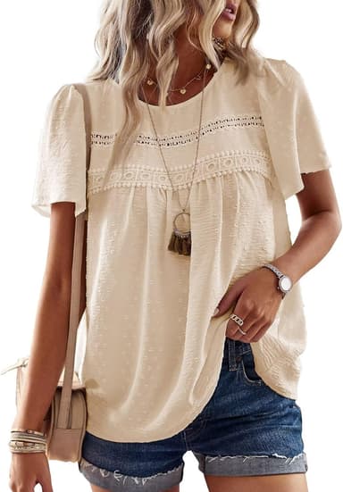Womens Summer Tops Crewneck Short Sleeve Shirts Casual Chiffon Blouses Flowy Lace Hem Boho Clothing Trendy 2026 - Image 2