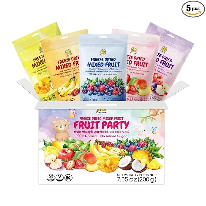 SUNGIVEN Freeze-Dried Fruit Party with 10+ Fruits, Mixed Fruits Variety Pack of 5 Bag, 7.06 oz, Health Snack, Fruit Crisps, Freeze Dried Apple Strawberry Berries Lemon Coconut Fig Mango Pineapple, No Sugar Added, Made with 100% Fruit - Image 1