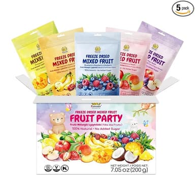 SUNGIVEN Freeze-Dried Fruit Party with 10+ Fruits, Mixed Fruits Variety Pack of 5 Bag, 7.06 oz, Health Snack, Fruit Crisps, Freeze Dried Apple Strawberry Berries Lemon Coconut Fig Mango Pineapple, No Sugar Added, Made with 100% Fruit - Image 1