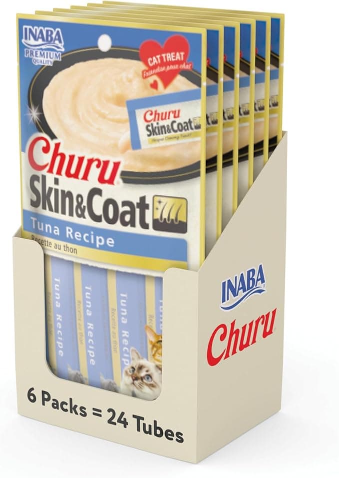 INABA Churu Lickable Purée Natural Cat Treats for Skin and Coat with Omega Oils, Taurine and Vitamin E, 0.5 Ounces Each, 24 Tubes (Four Per Package), Tuna Recipe - Image 1