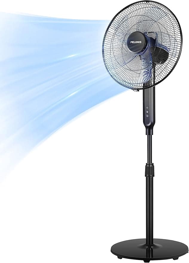 PELONIS 16" Oscillating Pedestal Stand Up Fan | Adjustable Height | Ultra Quiet DC Motor | Remote Control | 12 Speed | 12-Hour Timer | High Energy Efficiency | for Bedroom Home Office Use | Black - Image 1