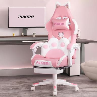 PUKAMI Pink Gaming Chair Cute with Cat Ears and Cat Paw Lumbar Cushion, Ergonomic Computer Chair for Girl with Footrest and Headrest, Comfortable Reclining PC Game Chair for Adult, Teen, Pink - Image 1