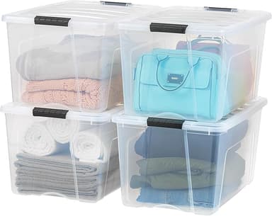 IRIS USA 72 Qt Stackable Plastic Storage Bins with Lids, 4 Pack - BPA-Free, Made in USA - See-Through Organizing Solution, Latches, Durable Nestable Containers, Secure Pull Handle - Clear - Image 1