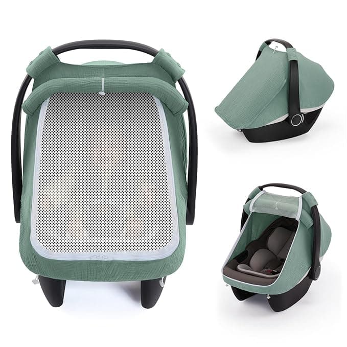 Blissful Diary Baby Car Seat Cover, Extra Large Mesh Window, Breathable Muslin Cotton, Infant Windproof Canopy, Must-Have Baby Gift - Roman Green - Image 1