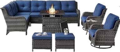 Belord Outdoor Sectional Furniture Sofa Set with Propane Fire Pit Table, Wicker Patio Conversation Set with 2 Swivel Rocker Glider Chairs Blue Cushion Perfect for Backyard Casual Gathering - Image 1